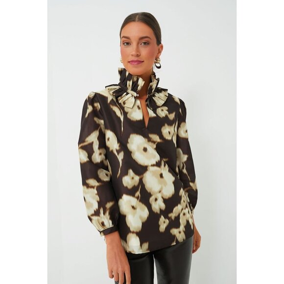 Tuckernuck Tops - Tuckernuck Bouvier Ruffle Neck Brown Tan Print Top Blouse Shirt Size XXL